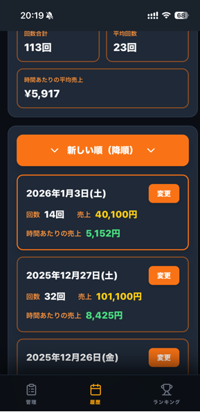 Taxi-Boardのランキングと履歴画面