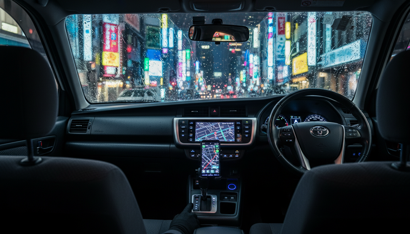 大阪・梅田の夜景を背景に走る日本のタクシー（右ハンドル）とスマートフォンの配車アプリアイコン