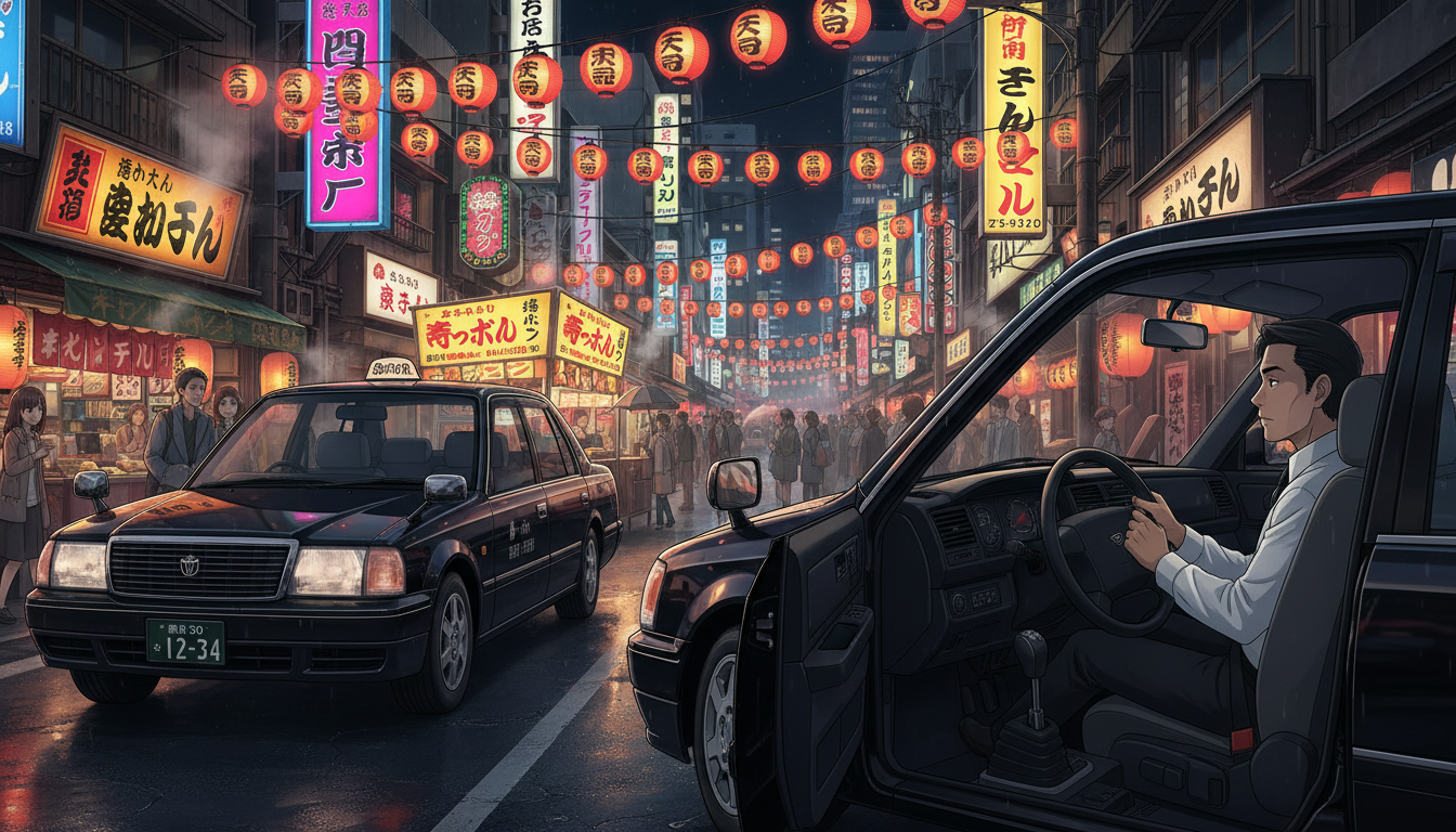 大阪・天満の夜の飲み屋街を走るタクシーのアニメ風イラスト