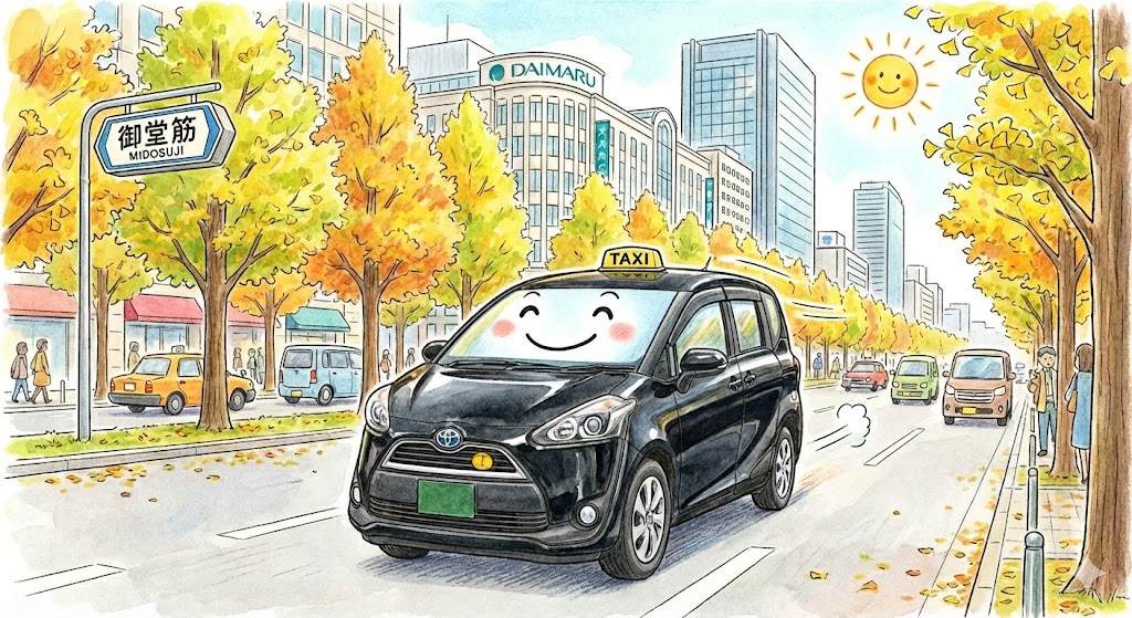 大阪・御堂筋の夜景、タクシーの運転席から見える一直線に並ぶ青信号の列