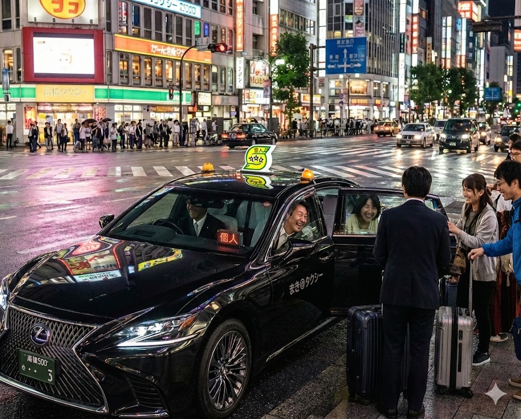 夜景が広がる都市で、お客様を乗せて出発する個人タクシー。新たな一歩を踏み出す未来と成功への期待感。