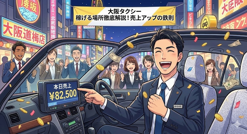 大阪の夜景を背景に、ネオンが輝く道を走るタクシーの画像。活気ある都市で効率的に稼ぐタクシー運転手の姿を象徴しています。