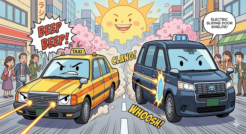 都市の通りを走るJPN TAXIとクラウンタクシーが並んでいる風景