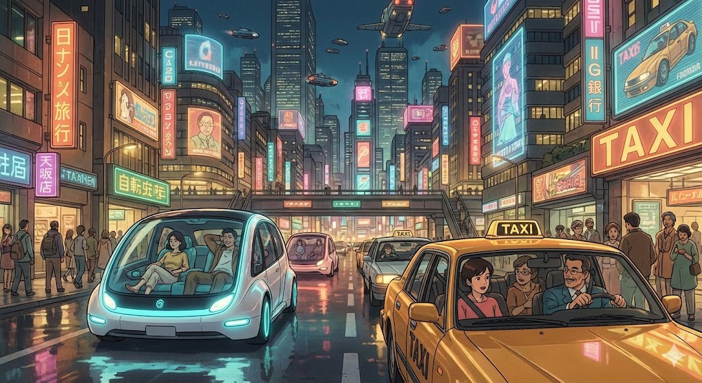 自動運転タクシーと人間が運転するタクシーが共存する未来都市の夜景