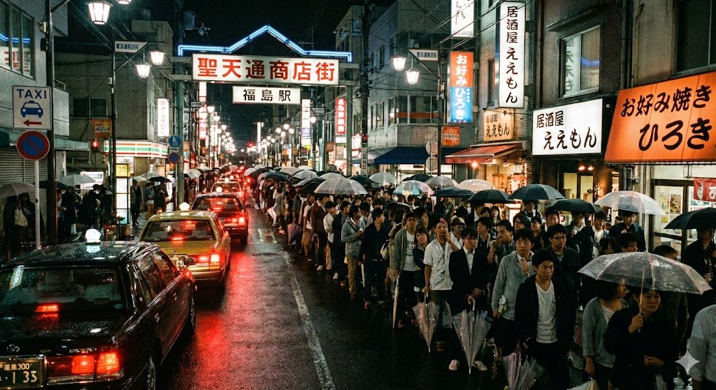 大阪福島駅前の夜景と高架下飲食店街を背景に走るタクシー
