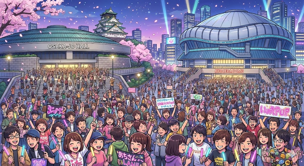 京セラドームの夜景とイベント終了後に賑わう周辺を走る多数のタクシー。