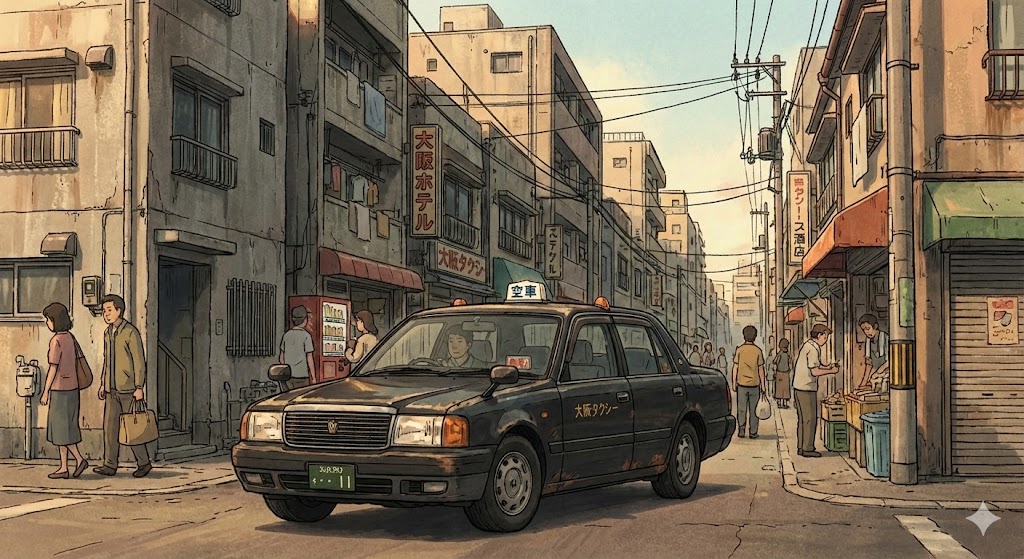 夜の西成・あいりん地区を走るタクシーの俯瞰図。古い建物と新しい建物が混在し、街の独特な雰囲気を反映している。