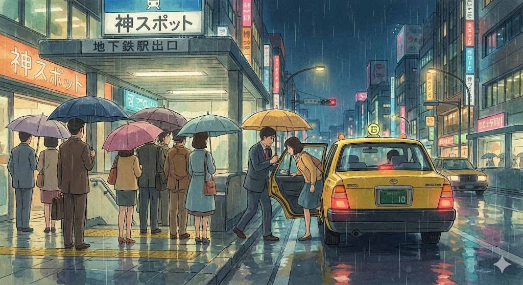 雨の中、地下鉄駅出口に停車しお客様が傘なしで乗り込むタクシーの様子