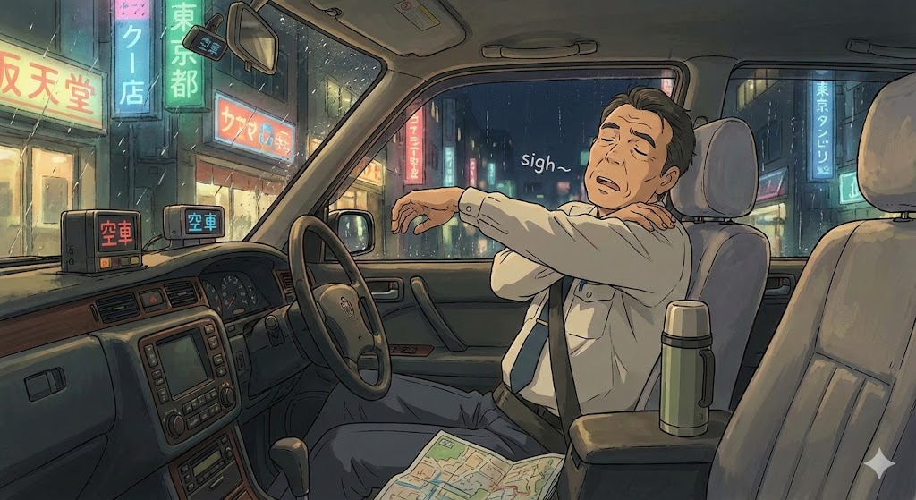 タクシードライバーが運転席で腰痛予防ストレッチをしている様子。信号待ちを利用し、笑顔で体をひねっている。