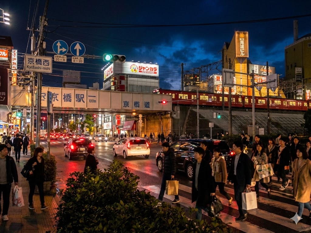 大阪京橋の国道1号線で客待ちをするタクシーの車内視点