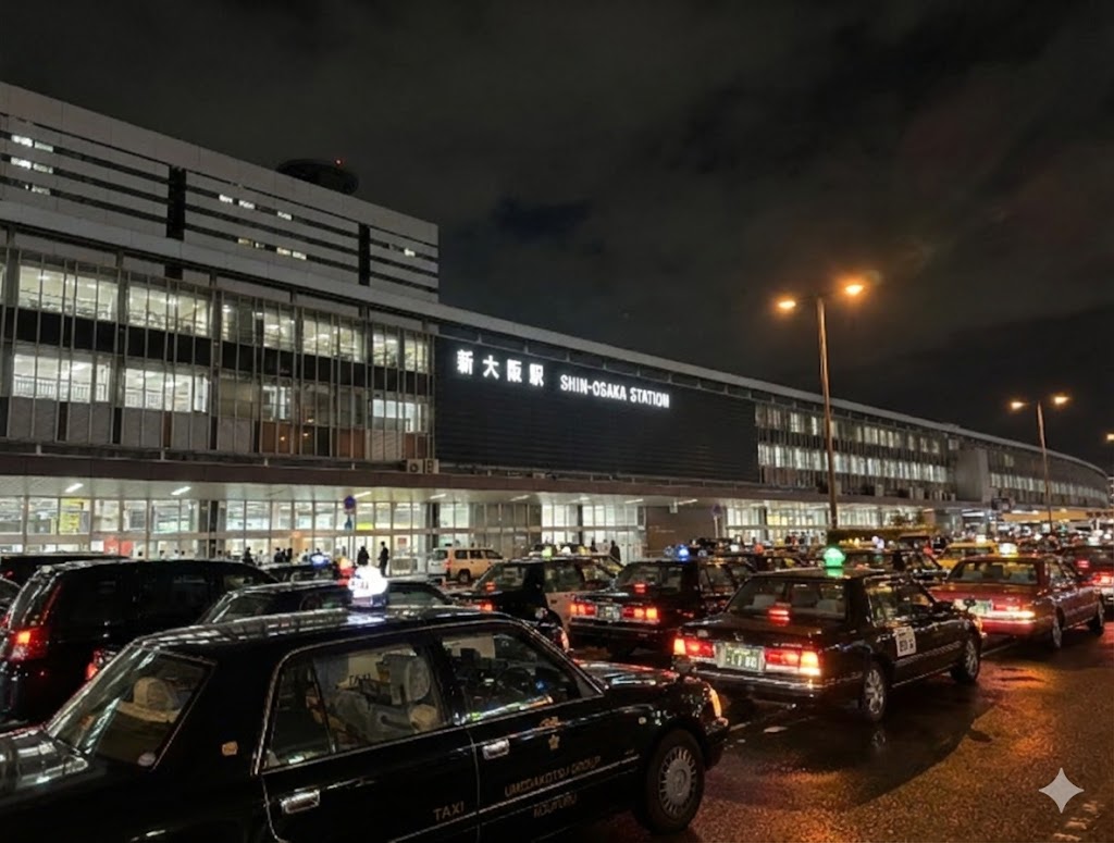 新大阪駅のタクシー乗り場で客待ちをする日本のタクシー車両