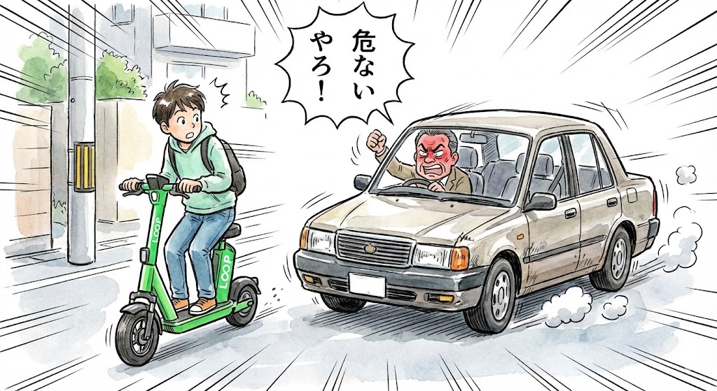 大阪・堺筋の夜景。5車線道路で左側に路駐車両が並び、右側の車線をスムーズに走る日本のタクシー（右ハンドル）。ネオンが輝く都会的な雰囲気。