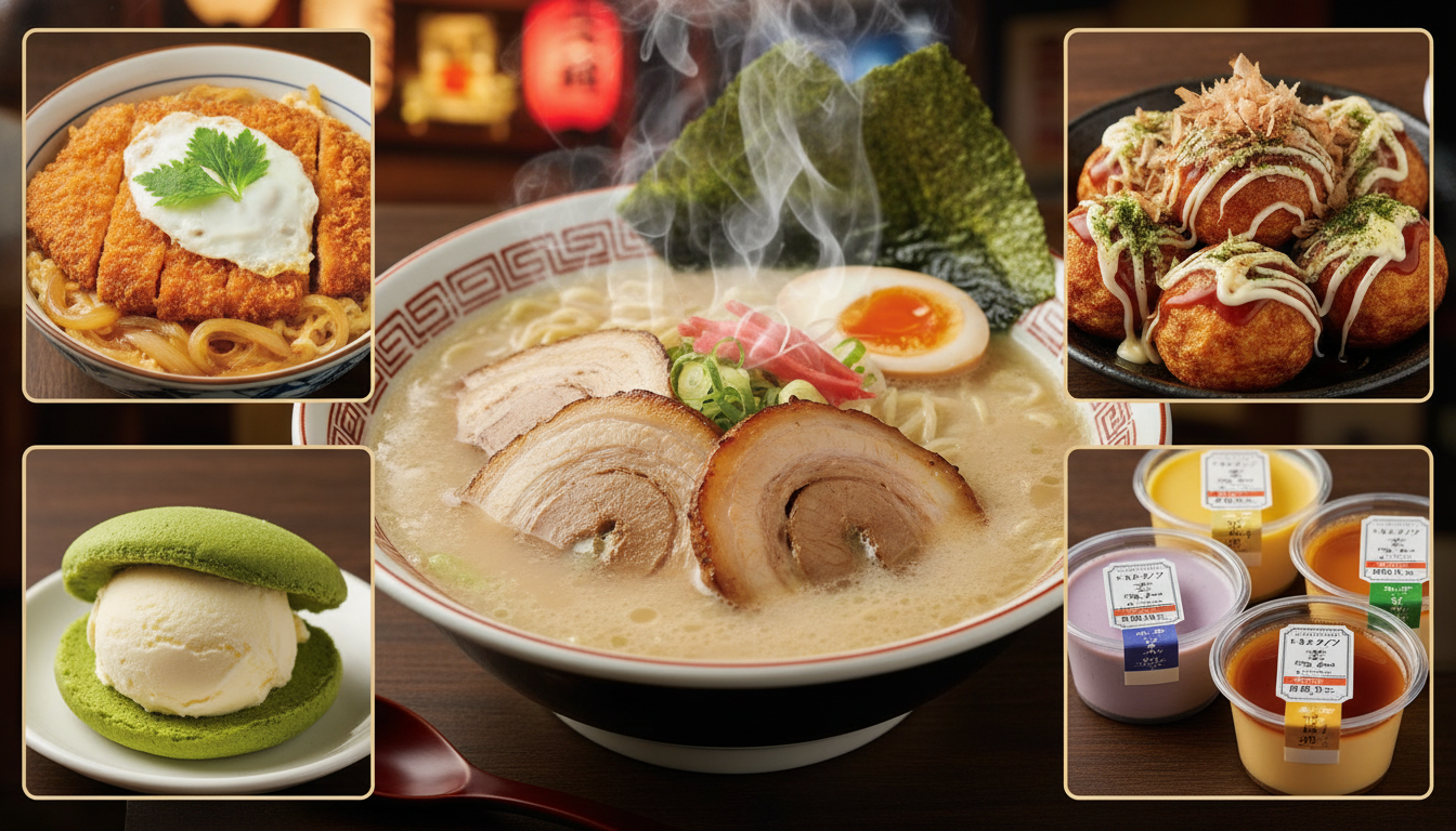 大阪の美味しそうなラーメンとグルメのコラージュ