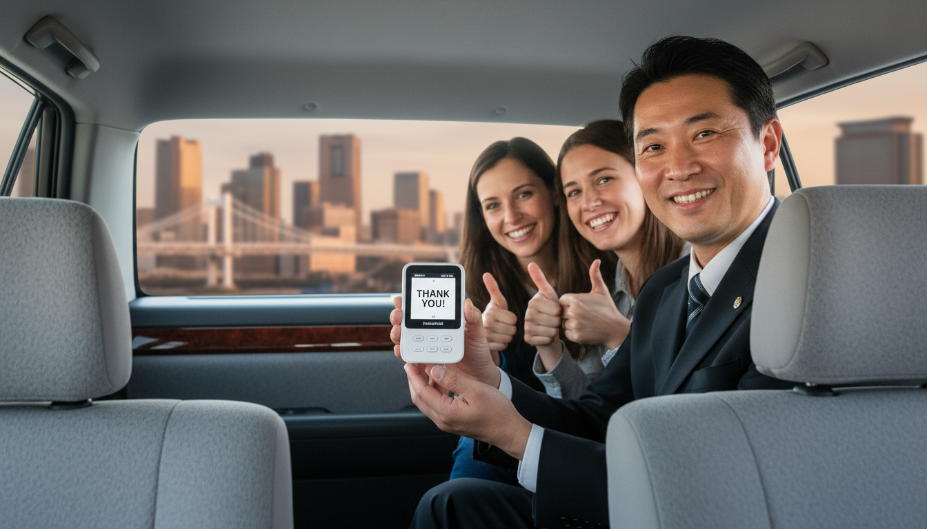 タクシーの車内で外国人観光客に翻訳機を見せて笑顔で対応する日本人男性ドライバー