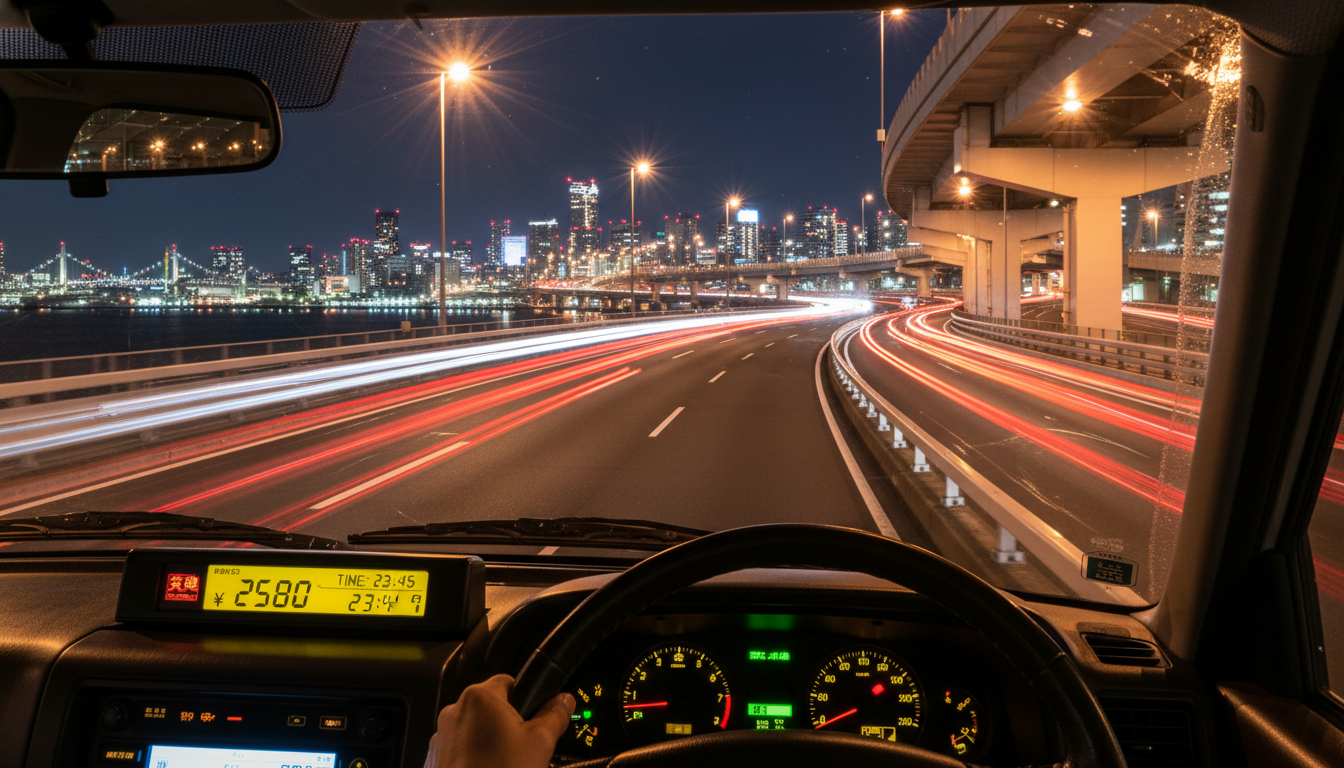 深夜の大阪梅田の街並みとタクシーのイメージ