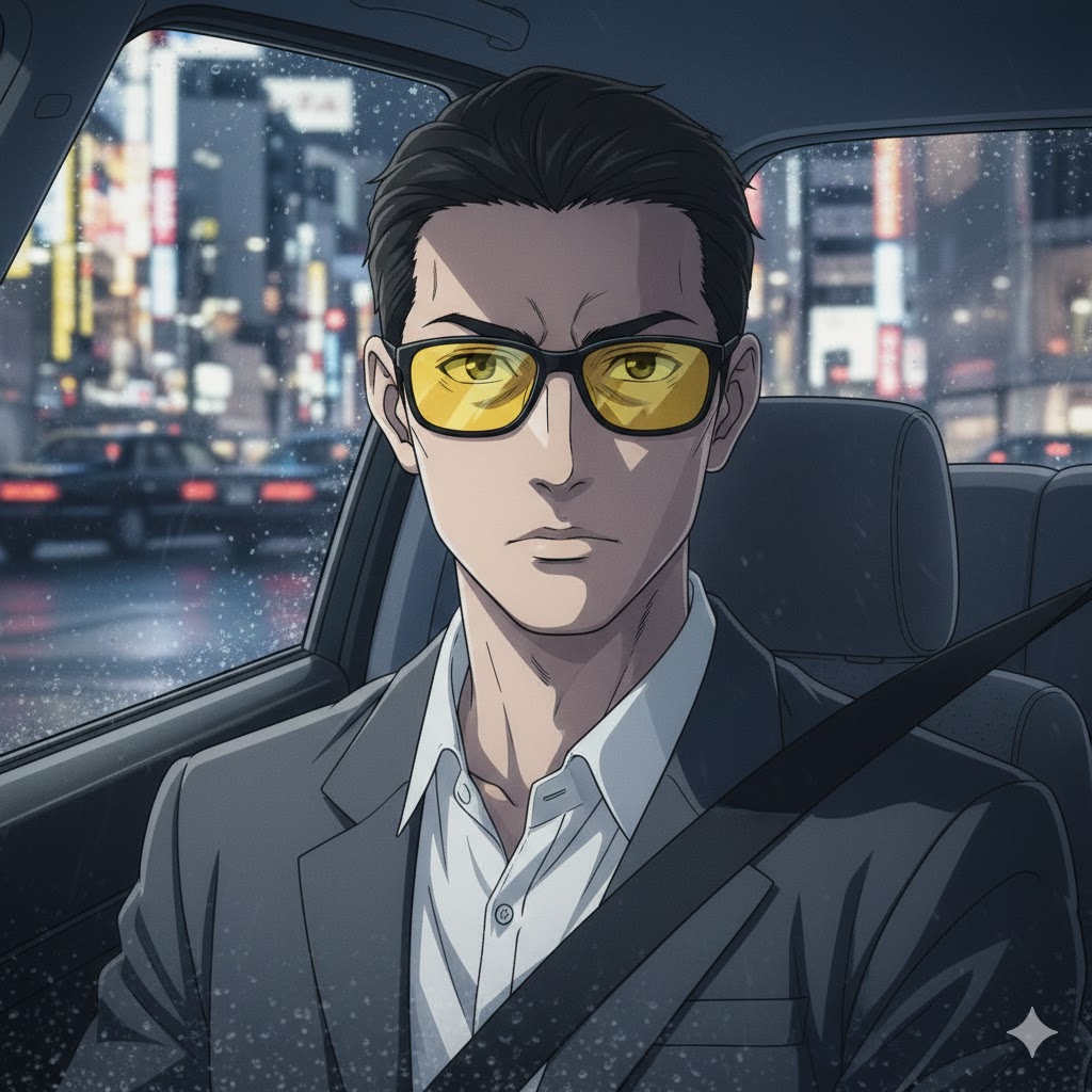 タクシーの車内から見える夜景と、夜間運転用サングラスをかけたドライバーの手元。